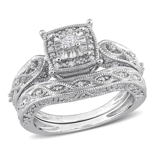 1/5 CT TW Diamond Cushion Shape Filigree Bridal Set in Sterling Silver