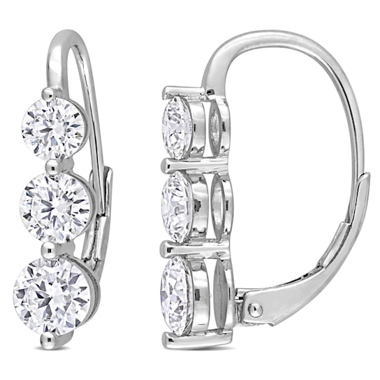 2 1/5 CT DEW Created Moissanite Three-Stone Leverback Earrings in
Sterling Silver