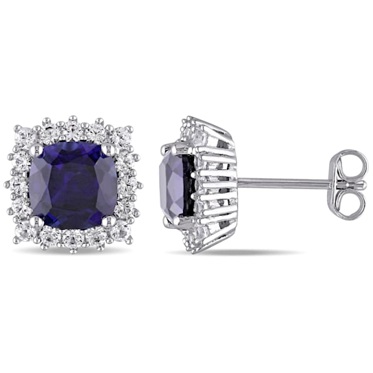 4-7/8ctw Created Blue and White Sapphire Stud Earrings in Sterling Silver