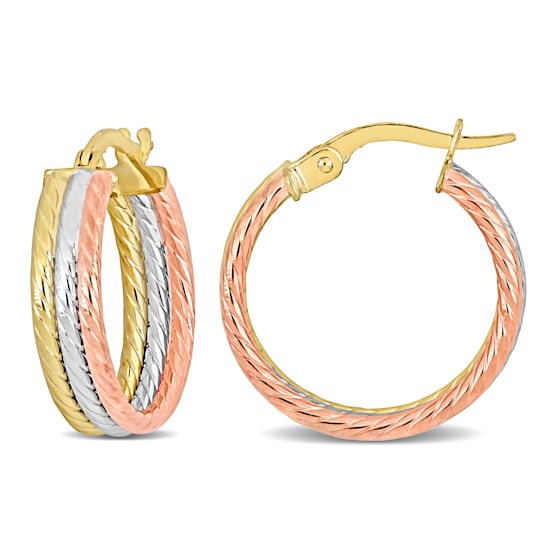19mm Triple Row Twisted Hoop Earrings in 3-Tone Yellow, Rose and White
10k Gold