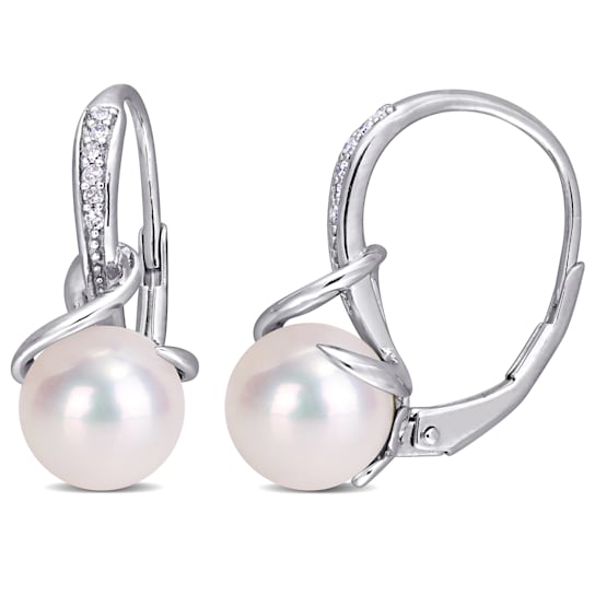8-8.5 MM White Freshwater Cultured Pearl and Diamond Twist Earrings in
Sterling Silver