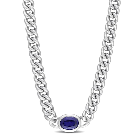 1 1/4 CT TGW Oval Created Blue Sapphire Curb Link Chain Necklace in
Sterling Silver