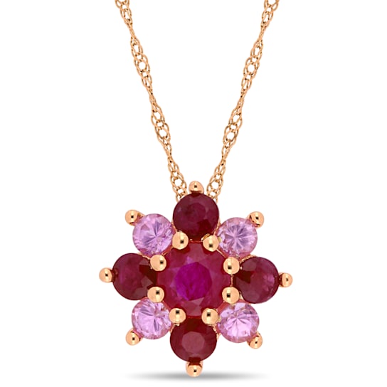 1 4/5 CT TGW Ruby and Pink Sapphire Clustered Pendant with Chain in 14K
Rose Gold