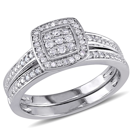 1/4 CT TW Diamond Layered Square Halo Bridal Set in Sterling Silver