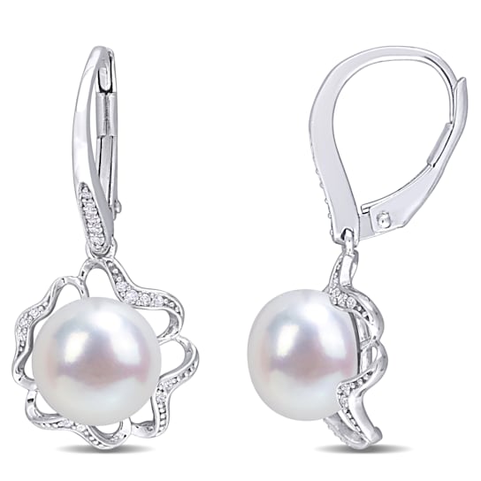 9-9.5 MM Freshwater Cultured Pearl and 1/10 CT TW Diamond Floral
Earrings in Sterling Silver