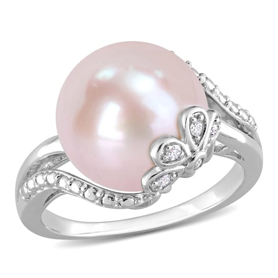 12-12.5MM Pink Freshwater Cultured Pearl and Diamond Flower Split-Shank
Ring in Sterling Silver