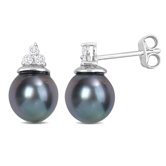 8-8.5 MM Black Tahitian Cultured Pearl and 1/8 CT TW Diamond Stud
Earrings in Sterling Silver