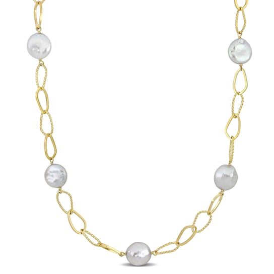 14-15 MM Freshwater Cultured Pearl Oval Link Necklace in 18K Yellow Gold
Over Sterling Silver