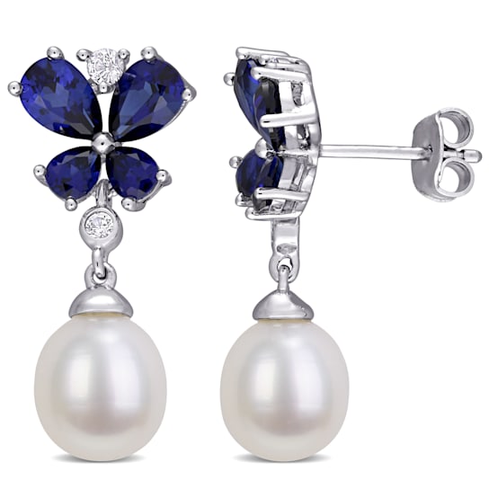 8-8.5MM Cultured Pearl with Created Blue and White Sapphire Butterfly
Earrings in Sterling Silver