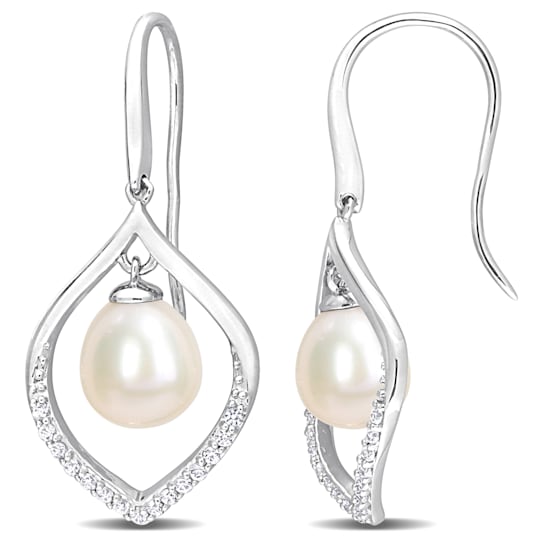 8-8.5MM Freshwater Cultured Pearl and 1/3 CT TGW White Sapphire Earrings
in Sterling Silver