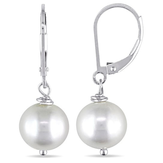 10 - 11 MM White Cultured Freshwater Pearl Leverback Drop Earrings in
Sterling Silver