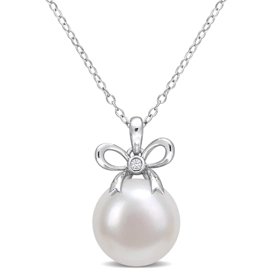 12-12.5MM Freshwater Cultured Pearl & Created White Sapphire Accent
Pendant in Sterling Silver