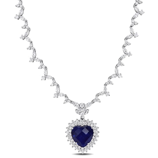 47 CT TGW Blue & White Cubic Zirconia Heart Necklace in Sterling Silver