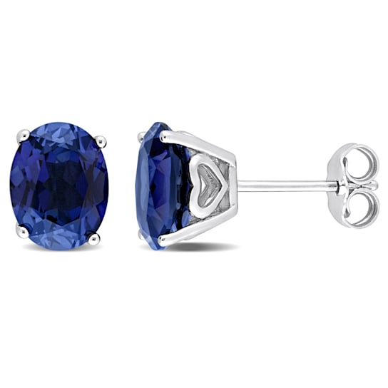 5 7/8 CT TGW Oval Created Blue Sapphire Stud Earrings in Sterling Silver
