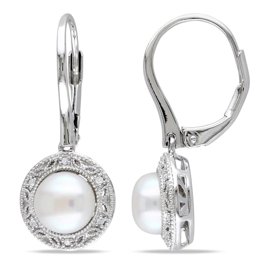7.5-8 MM Freshwater Cultured Pearl and Diamond Accent Halo Drop Earrings
in Sterling Silver