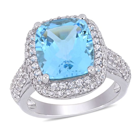 7 1/4 CT TGW Sky Blue Topaz and Created White Sapphire Double Halo Ring
in Sterling Silver
