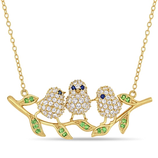 1 2/5 CTW Created Blue & White Sapphire Tsavorite Leaf Chick
Necklace Yellow Plated Sterling Silver