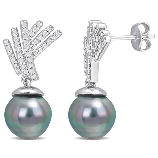 9-10 MM Black Tahitian Cultured Pearl and Diamond Accent Drop Earrings
in Sterling Silver