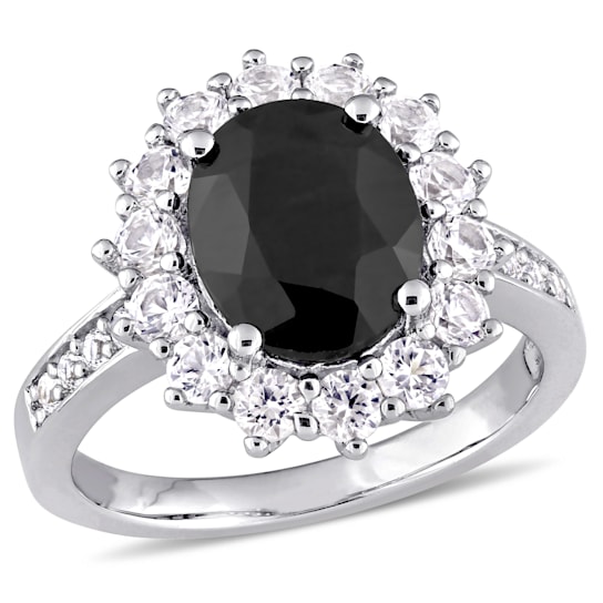 4 3/4 CT TGW Black Sapphire and Created White Sapphire Halo Ring in
Sterling Silver
