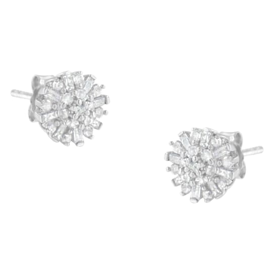 Sterling Silver 1/2 Round and Baguette Diamond Sunburst Floral Cluster
Stud Earrings