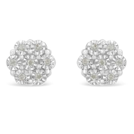 0.10ctw Round-Cut Diamond Sterling Silver Floral Cluster Button Stud Earrings
