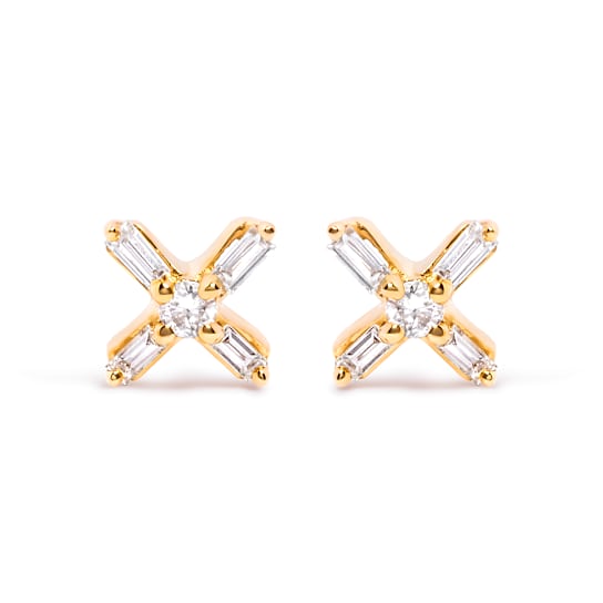 10K Yellow Gold 1/10 Cttw Round and Baguette Diamond Criss Cross X Stud Earring