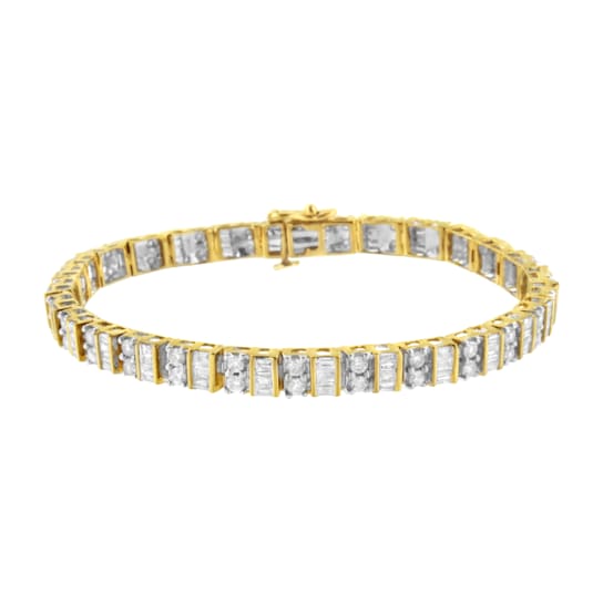 14K Yellow Gold 4.0ctw Alternating Baguette and Round Cut Diamond Tennis Bracelet