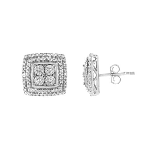 Diamond Accented Square-Shaped Sterling Silver Milgrain Stud Earrings