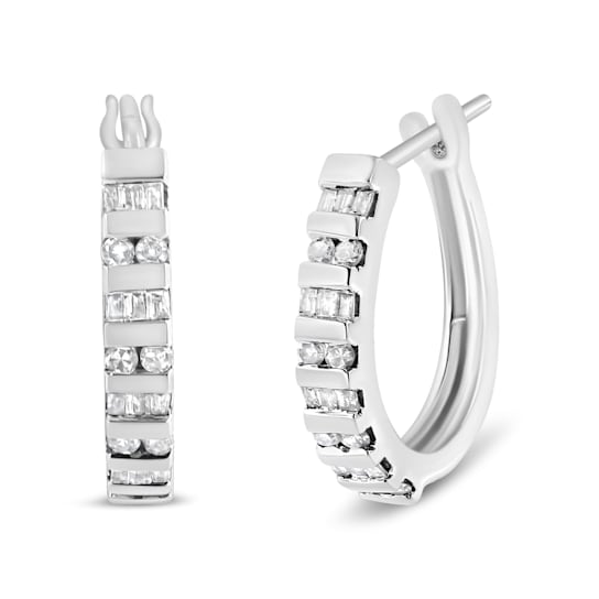 10K White Gold 1.0ctw Round and Baguette-Cut Diamond Hoop Earrings