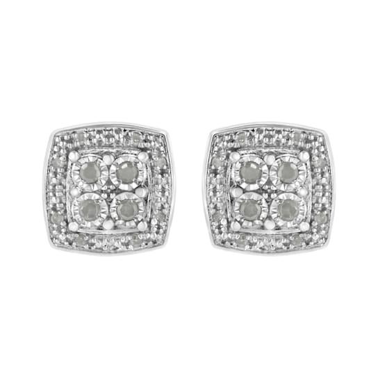 0.25ctw Round-Cut Diamond Sterling Silver Square-Shaped Milgrain Stud Earrings