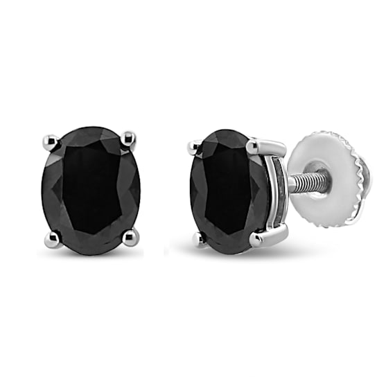 Sterling Silver 1.0ctw Treated Black Oval Diamond Stud Earring