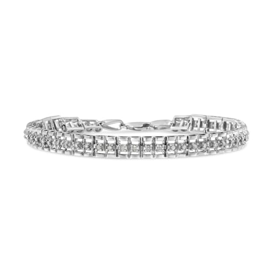 Rhodium Over Sterling Silver 1.0 Cttw Diamond Double-Link Tennis Bracelet