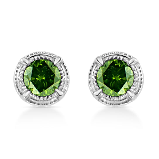 0.33ctw Treated Green Diamond Solitaire Sterling Silver Stud Earrings