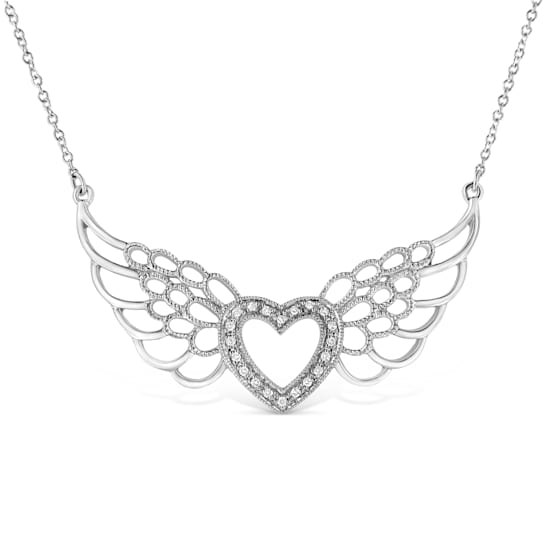 .925 Sterling Silver Pave-Set Diamond Accent Fairy Wing 18" Heart
Pendant Necklace