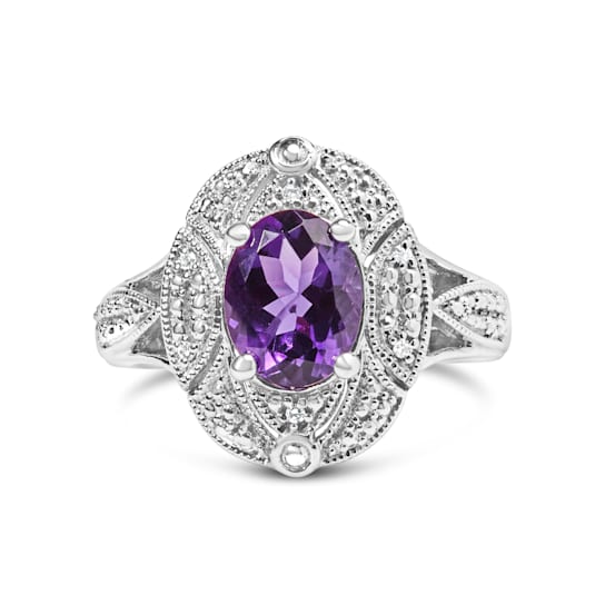 Sterling Silver 9x7mm Oval Purple Amethyst and Diamond Accent Art Deco
Style Cocktail Ring