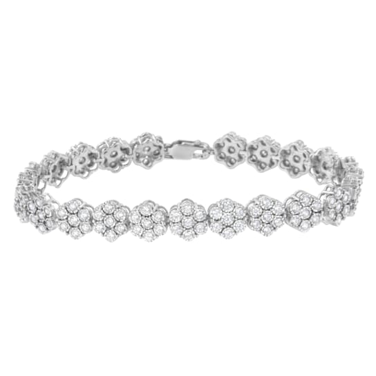 Sterling Silver 2.0ctw Diamond 7 Stone Floral Cluster Link Bracelet