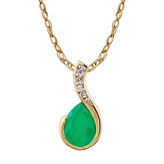 10k Yellow Gold Genuine Pear-Shape Emerald and Diamond Drop Pendant With Chain