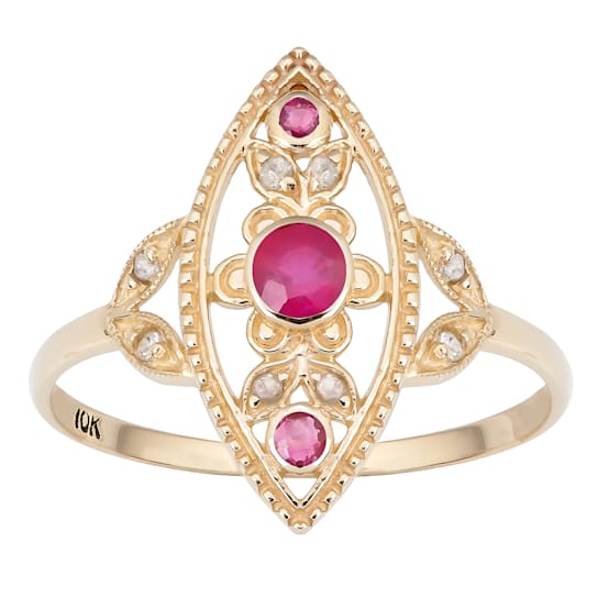 10k Yellow Gold Antique Style Genuine Round Ruby and Diamond Ring