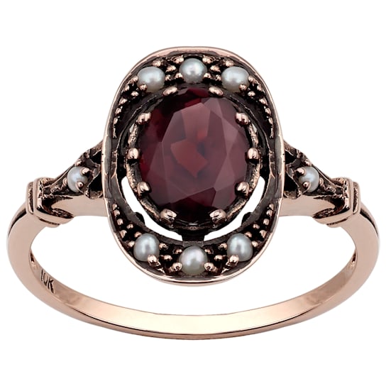 10k Rose Gold Vintage Style Genuine Oval Garnet and Cultured-Pearl Ring