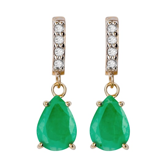 10K Yellow Gold Pear Shape Emerald and Diamond Dangle Earrings