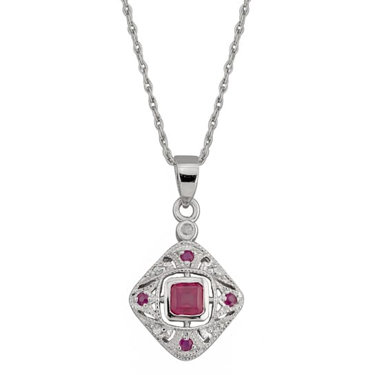 10k White Gold Vintage Style Ruby and Diamond Pendant With Chain