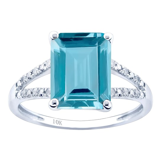 10k White Gold Genuine Emerald-Cut Blue Topaz and Split-Shank Diamond Ring