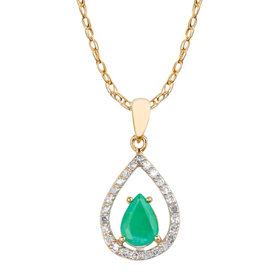 10k Yellow Gold Genuine Pear-Shape Emerald and Diamond Halo Teardrop
Pendant With Chain