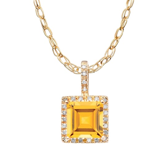 10k Yellow Gold Genuine Citrine and Diamond Pendant With Chain