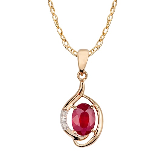 10k Yellow Gold Genuine Oval Ruby and Diamond Pendant With Chain