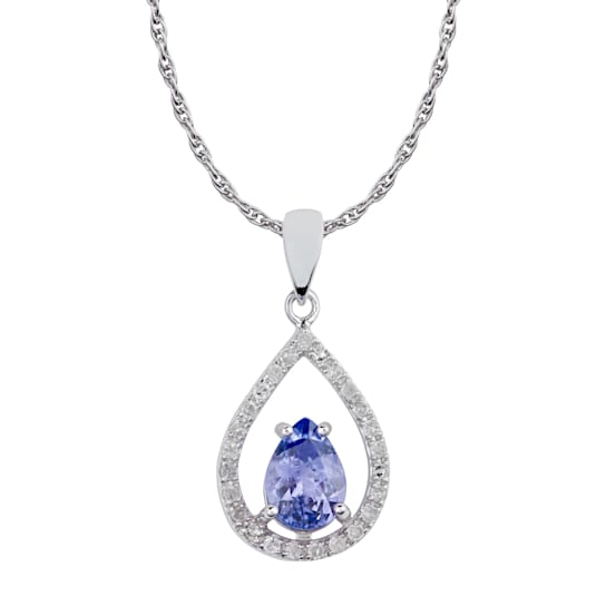 10k White Gold Genuine Pear-Shape Tanzanite and Diamond Halo Teardrop
Pendant With Chain