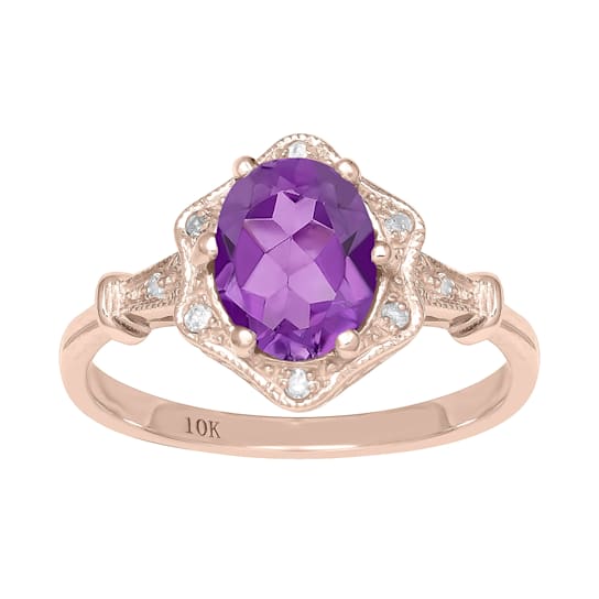 10k Rose Gold Vintage Style Genuine Oval Amethyst and Diamond Halo Ring