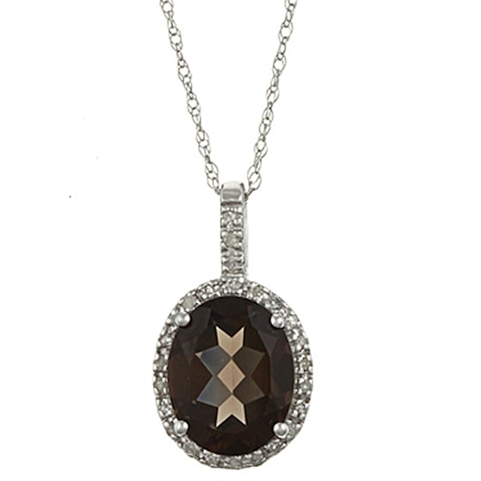 10k White Gold Oval Smoky Quartz and Diamond Halo Pendant With Chain