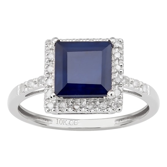10k White Gold Square Sapphire and Diamond Halo Ring