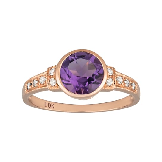 10k Rose Gold Vintage Style Genuine Round Amethyst and Diamond Ring